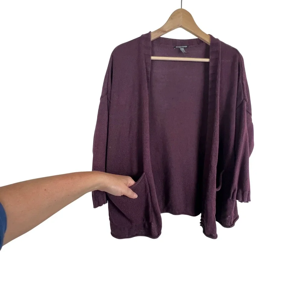 Eileen Fisher Womens Plum Purple Linen Cotton Open Front Cardigan Sweater S/P